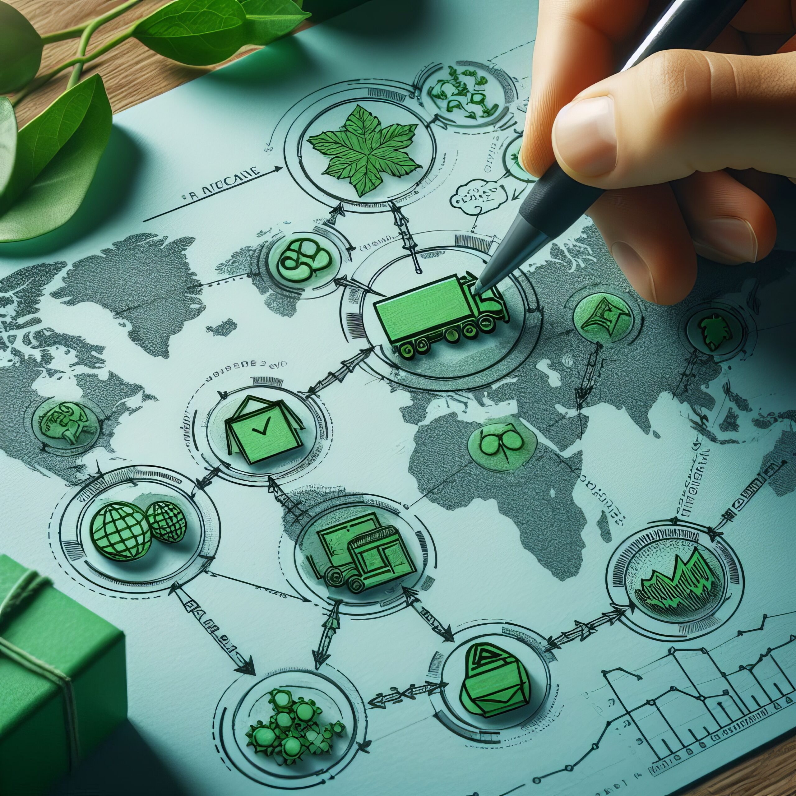 green supply chain on a paper, with a world map in the background